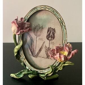 Vintage Beautiful Dimensional Enameled Tulips Flowers Oval Picture Frame!